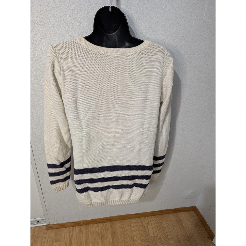 LOFT XS Nautical Stripe Sweater Cream Navy Cotton Button Shoulder Breton‎